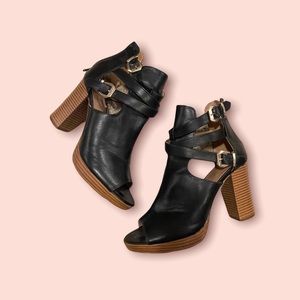 Chunky Black Faux Leather Block Heels